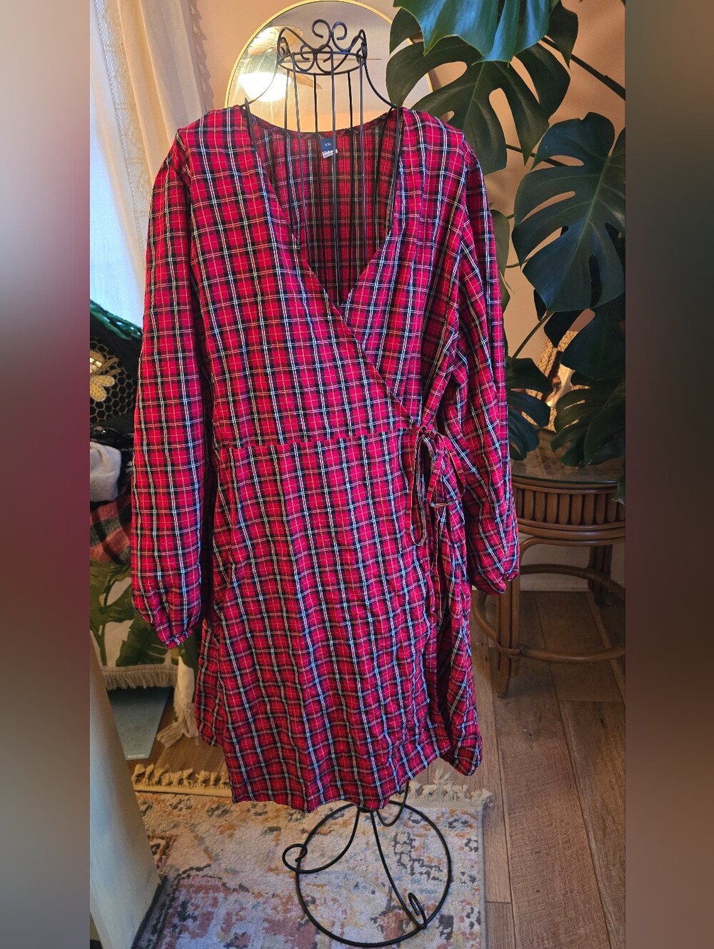 Old Navy Red Black Tartan Plaid True Wrap Balloon Sleeve Mini Dress XXL EUC